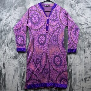 Pink Berry Tunic Top Womens XL Purple Paisley Velvet Trim Long Sleeve Boho Knit